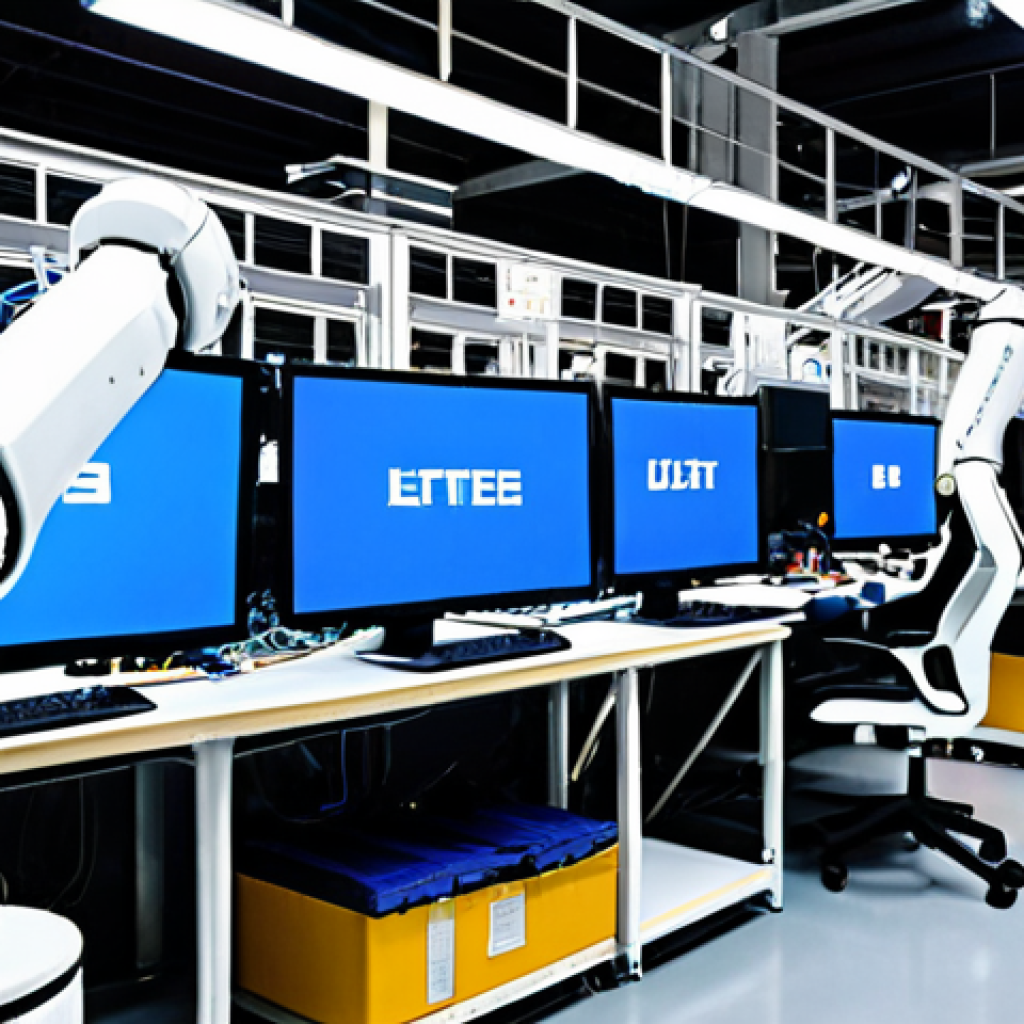 **

A brightly lit, modern factory floor. In the foreground, a sleek, lightweight robotic arm (multi-jointed) is carefully assembling a complex electronic component. In the background, engineers are analyzing CAE simulation data on large monitors, highlighting stress points and optimized designs. Focus on the precision and technological advancement. Japanese factory setting.

**