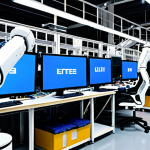 **

A brightly lit, modern factory floor. In the foreground, a sleek, lightweight robotic arm (multi-jointed) is carefully assembling a complex electronic component. In the background, engineers are analyzing CAE simulation data on large monitors, highlighting stress points and optimized designs. Focus on the precision and technological advancement. Japanese factory setting.

**