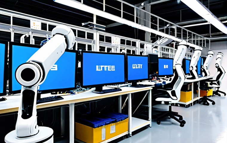 **

A brightly lit, modern factory floor. In the foreground, a sleek, lightweight robotic arm (multi-jointed) is carefully assembling a complex electronic component. In the background, engineers are analyzing CAE simulation data on large monitors, highlighting stress points and optimized designs. Focus on the precision and technological advancement. Japanese factory setting.

**