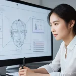 기계설계 분야 이직 성공 노하우 - A thoughtful Japanese female mechanical design engineer, in her late 20s, sits at a sleek, minimalis...