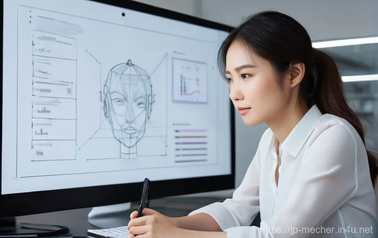 기계설계 분야 이직 성공 노하우 - A thoughtful Japanese female mechanical design engineer, in her late 20s, sits at a sleek, minimalis...