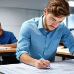 기계설계분야 신입사원 성공 비결 - A focused and enthusiastic young mechanical design engineer, wearing a smart casual shirt and trouse...