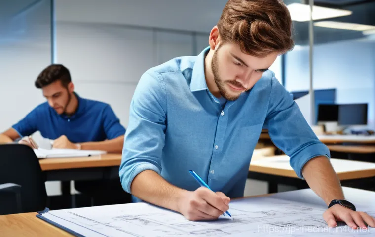 기계설계분야 신입사원 성공 비결 - A focused and enthusiastic young mechanical design engineer, wearing a smart casual shirt and trouse...