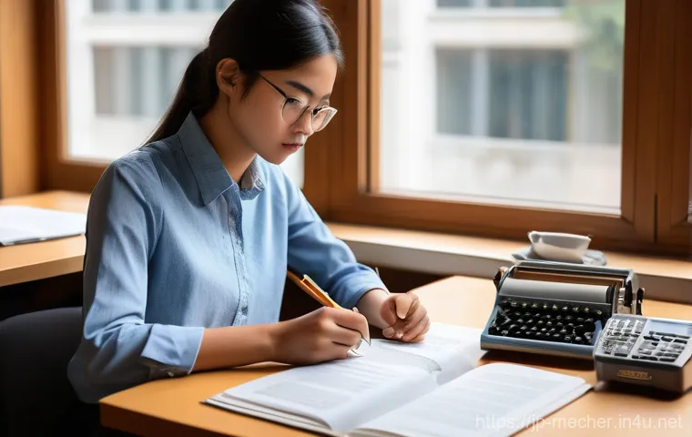 기계설계기사 필수 참고서 추천 - A focused female mechanical engineering student in her mid-20s, wearing a smart casual shirt and tro...
