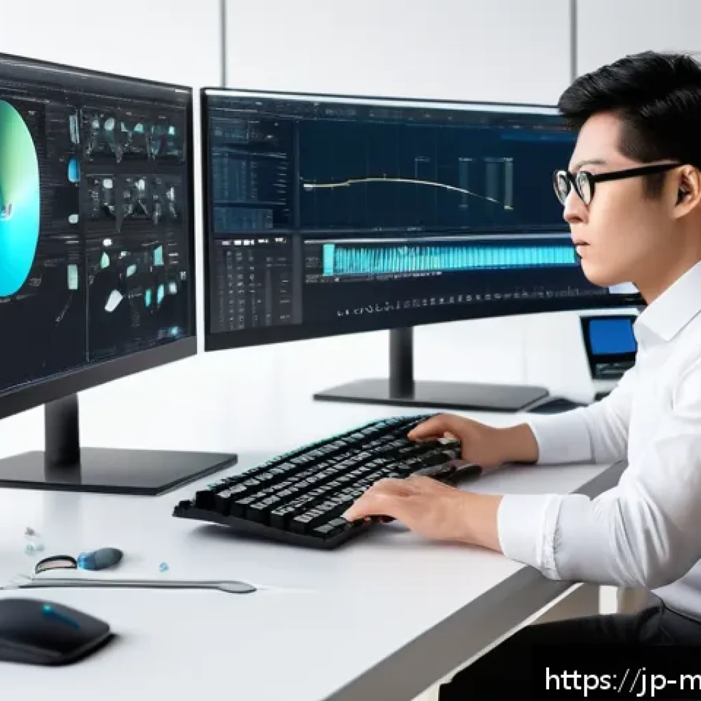 기계설계기사와 3D 모델링 실무 - A modern 3D modeling workspace scene featuring a professional Japanese designer using dual monitors ...