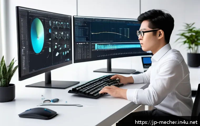 기계설계기사와 3D 모델링 실무 - A modern 3D modeling workspace scene featuring a professional Japanese designer using dual monitors ...