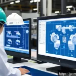 Home 23 기계설계기사와 산업현장에서의 문제 해결 사례 - A detailed engineering workshop scene showing mechanical designers and assembly workers collaboratin...