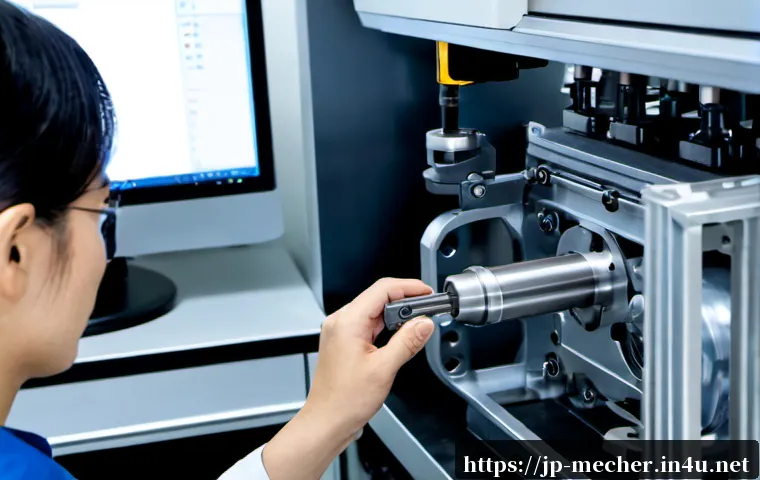 기계설계기사와 생산기술의 연계 - Photorealistic Japanese manufacturing engineer in clean workwear reviewing a detailed metal machine ...