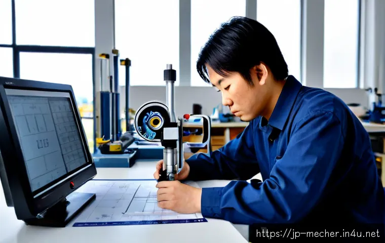 기계설계기사와 산업 표준 적용 사례 - Photorealistic Japanese mechanical design engineer in a clean modern factory office, carefully inspe...